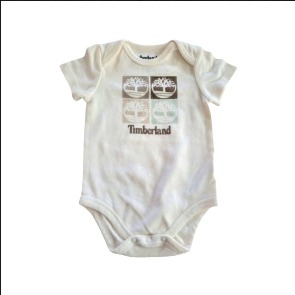 Timberland Cream and Tan Baby Onesie with Tree Logos Size 3 To 6 Months